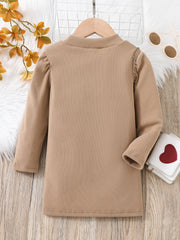 Girls Long Sleeve Stretch Khaki Dress