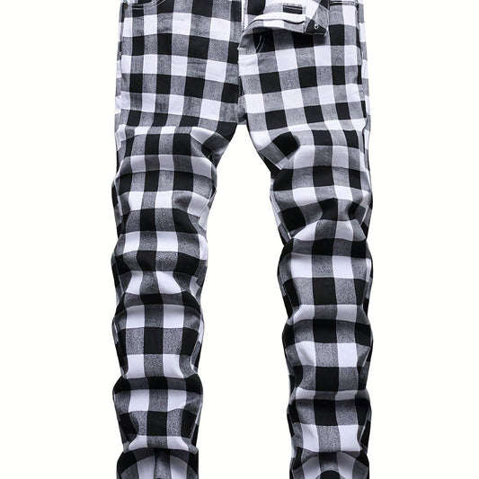 Plaid Slim Fit Jeans Mens Casual Stretch Denim Pants