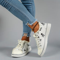 Women's Skull Print Sneakers Lace Up Outdoor Shoes Lightweight Low Top