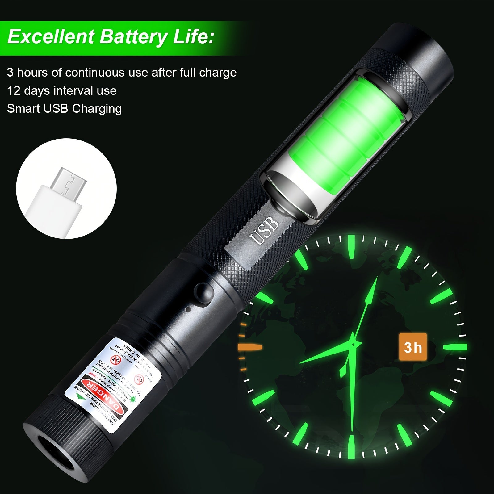 VGSEA Long Range Green Laser Pointer USB Rechargeable for Pet Interaction
