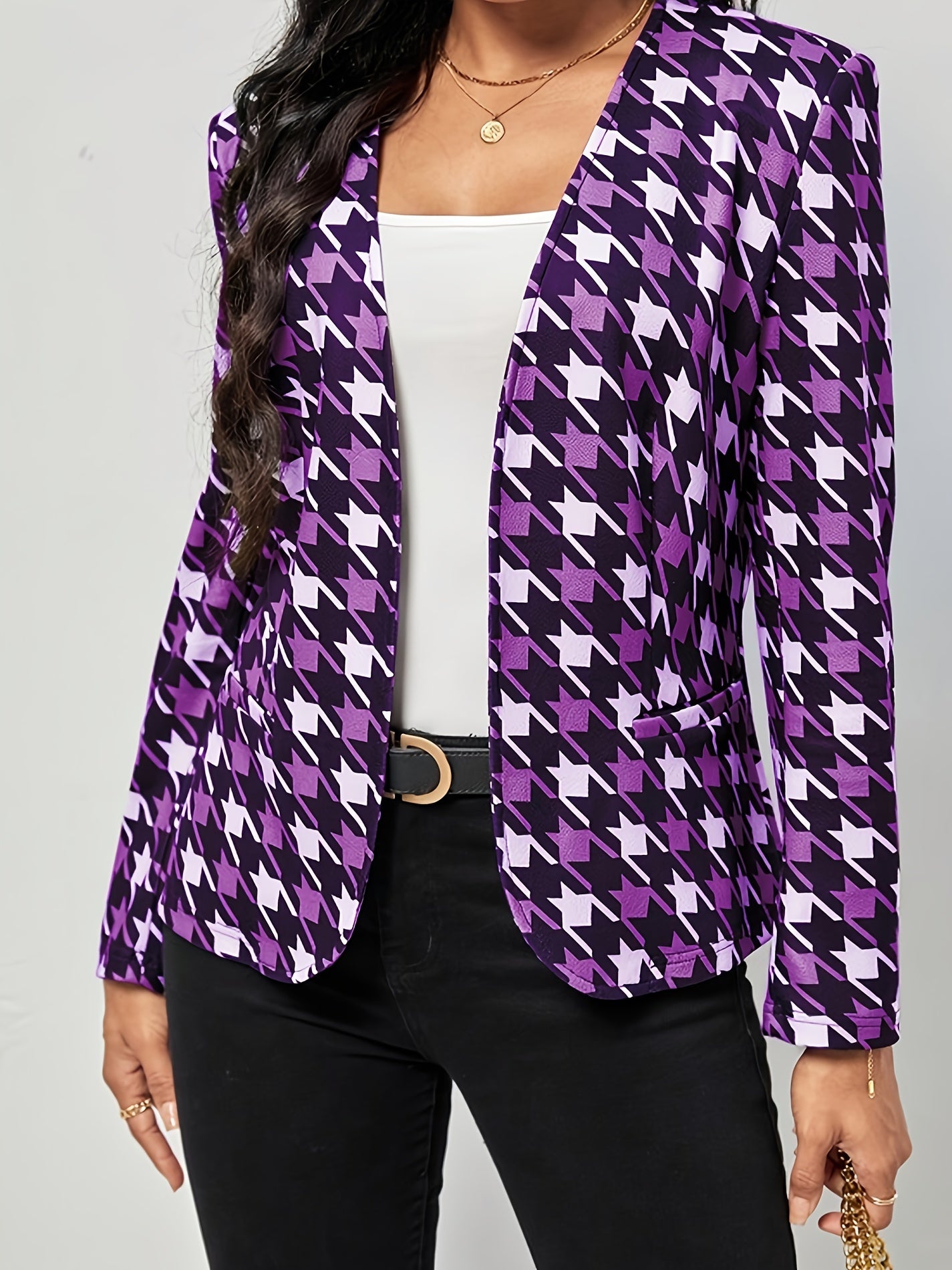  Houndstooth Print Long Sleeve Open Front Blazer