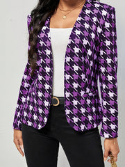  Houndstooth Print Long Sleeve Open Front Blazer