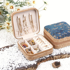 Vintage Painting Print Jewelry Box Zipper Portable Organizer