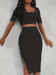 Square Neck Crop Top & Split Bodycon Skirt Set