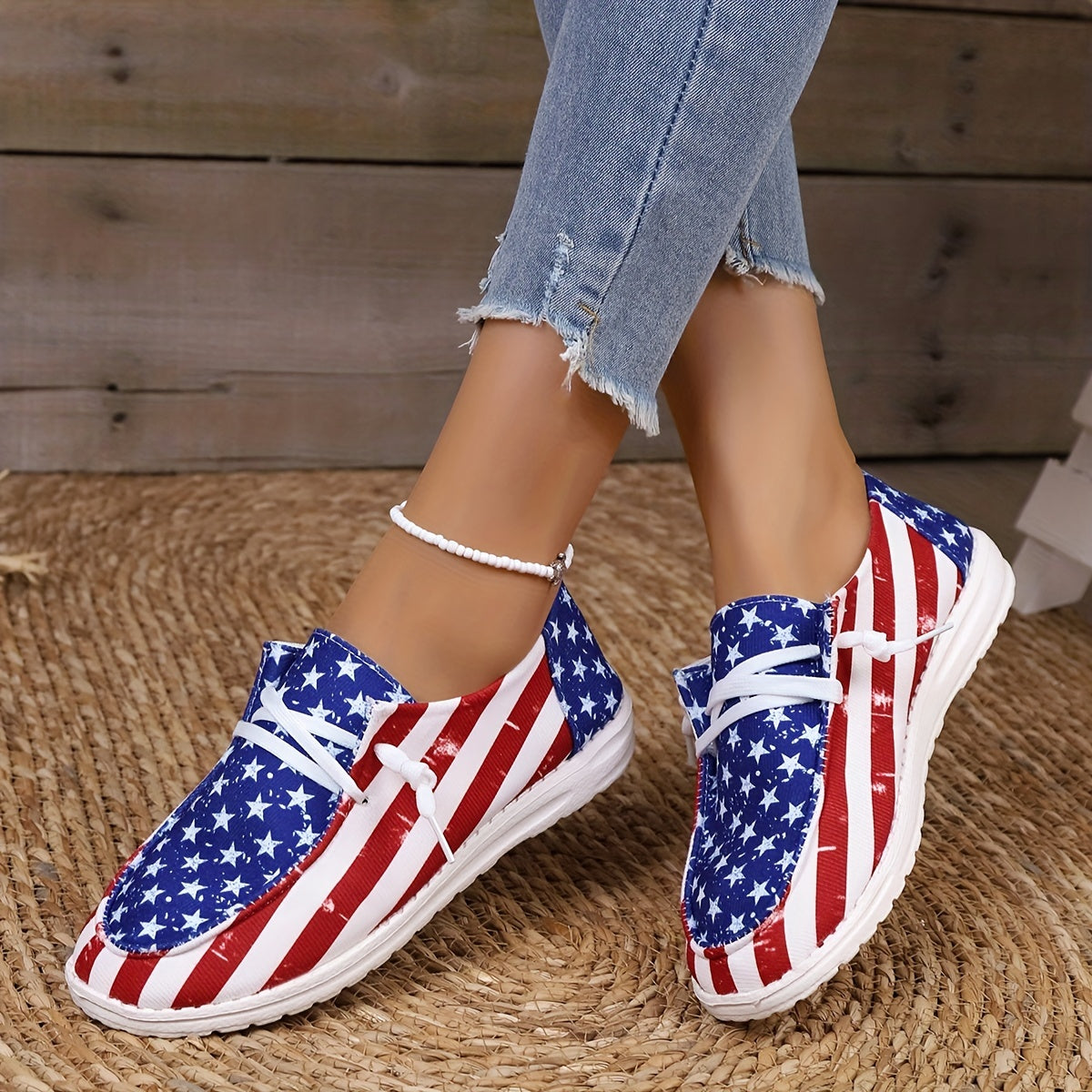 Women's Flag Pattern Elements Sneakers Low Top Slip-On Canvas Shoes Independence