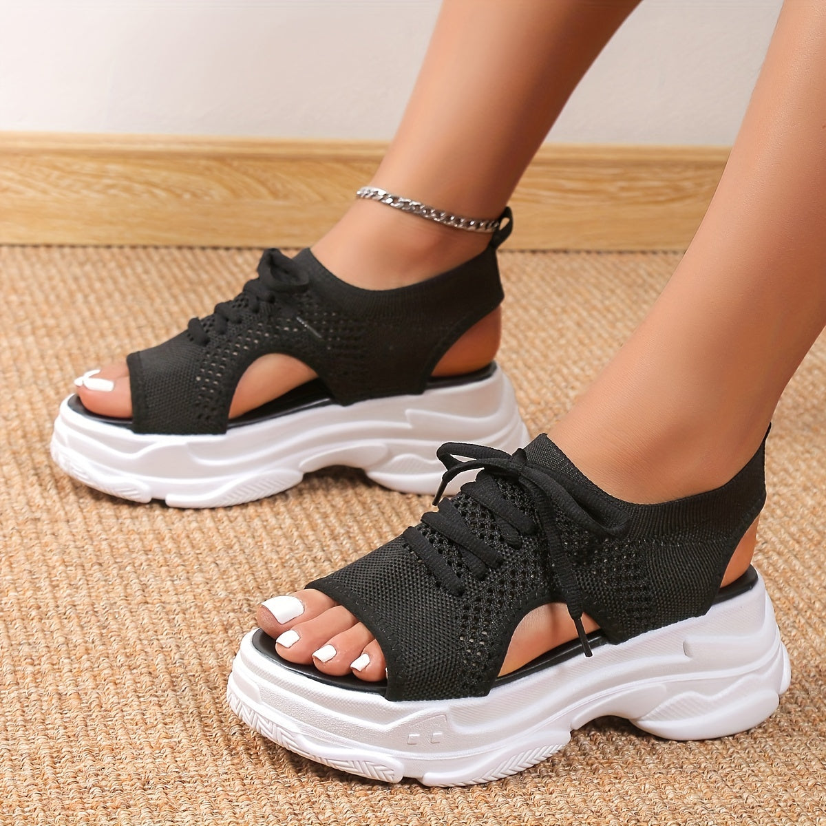 Women's Knitted Platform Sandals Peep Toe Lace Up Solid Slingback Shoes