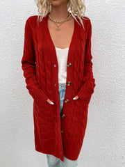 Button Up Pocket Cardigan Long Sleeve Mid Length Cardigan