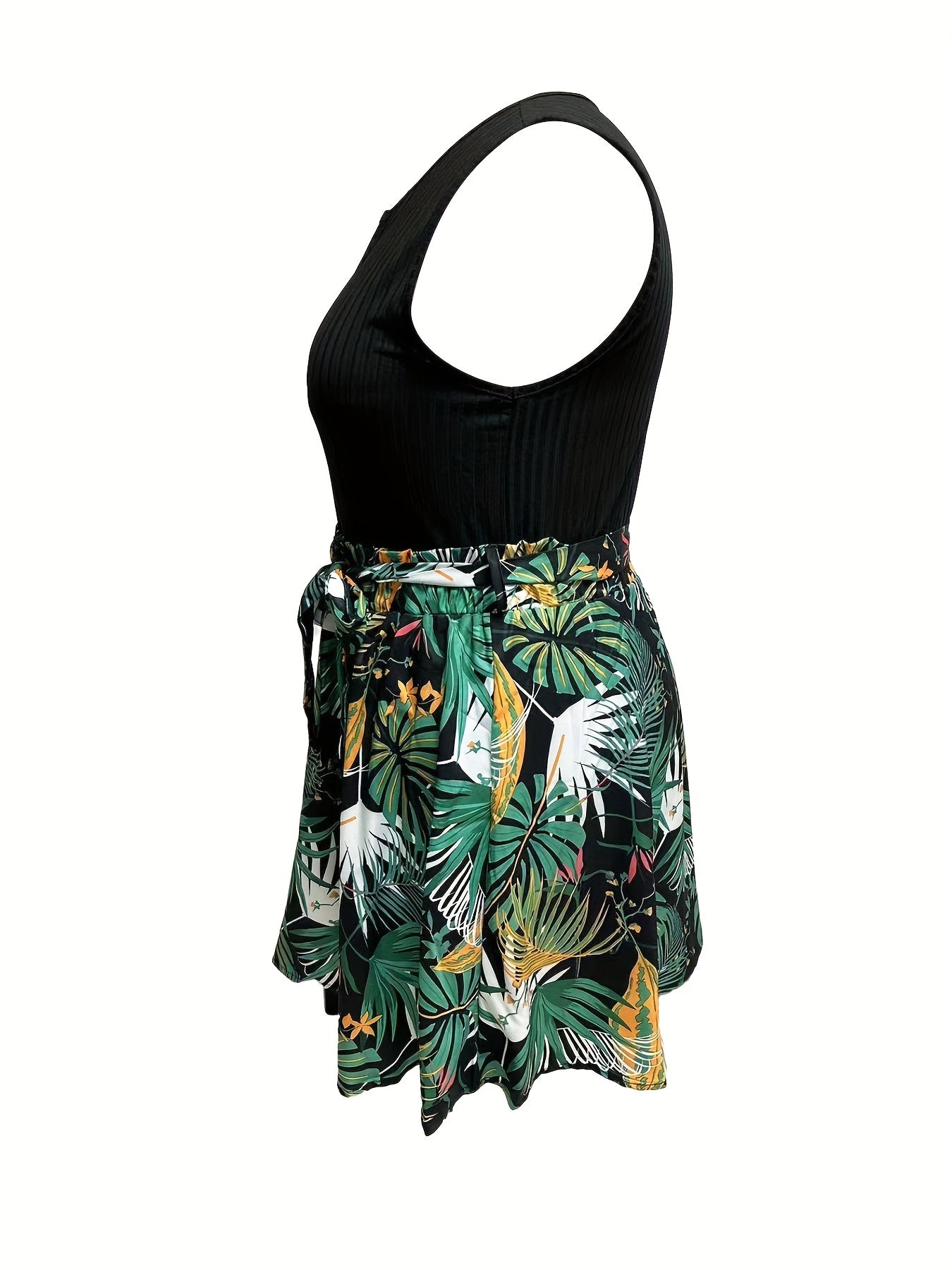  Solid Notched Neck Tank Top & Tropical Print Skirt Outfit