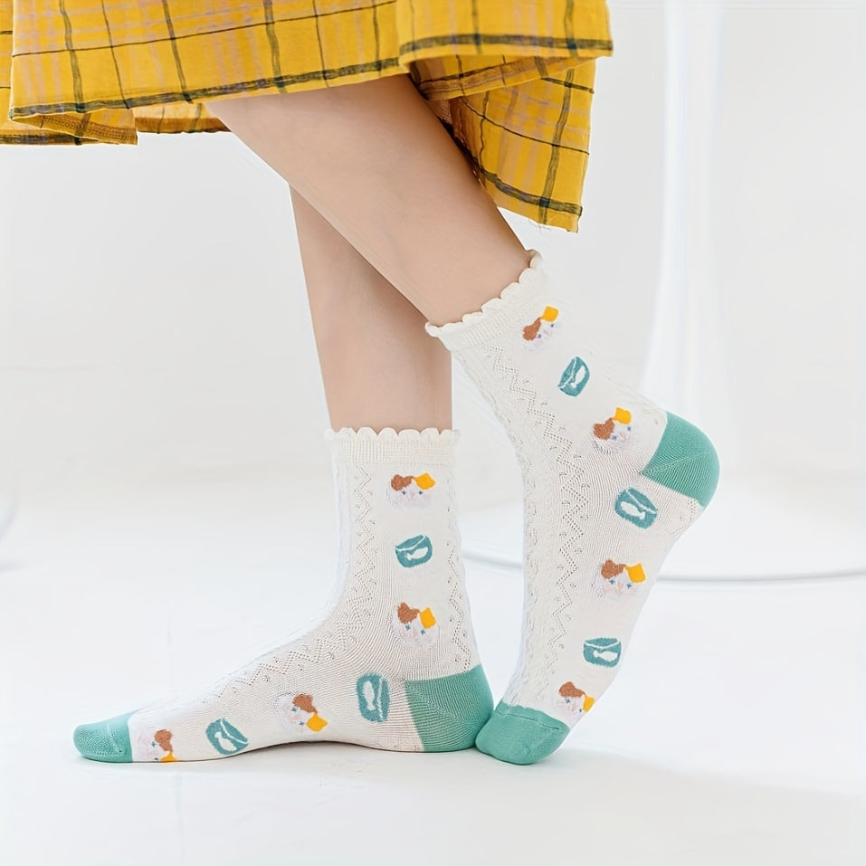 Cat & Plaid Print Socks Women's Mid Tube Stockings