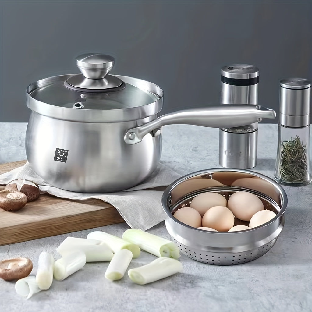 Stainless Steel Sauce Pot With Steaming Grid & Glass Lid