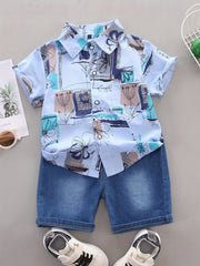Boys Geo Pattern Lapel Shirt & Denim Shorts Set