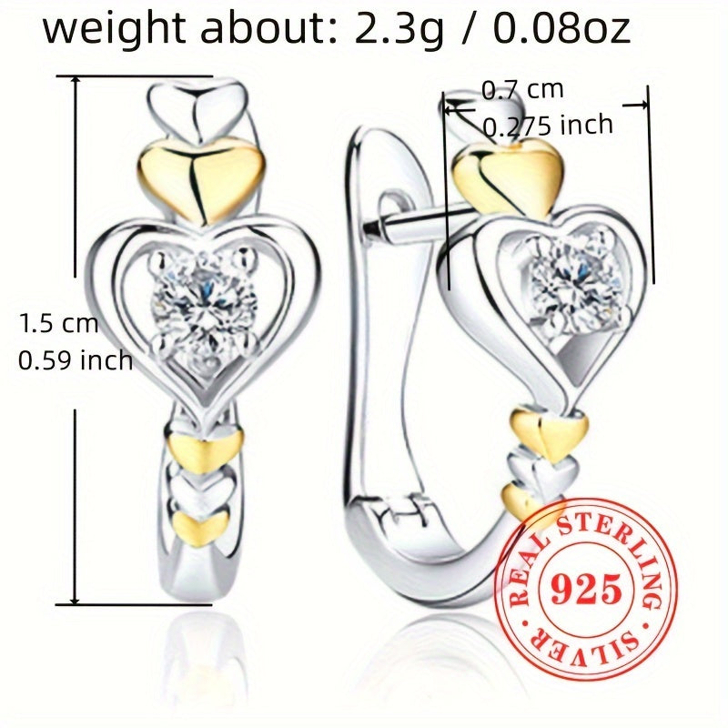 925 Silver Hoop Earrings Double Heart CZ Vacation Style April Birthstone