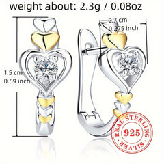 925 Silver Hoop Earrings Double Heart CZ Vacation Style April Birthstone