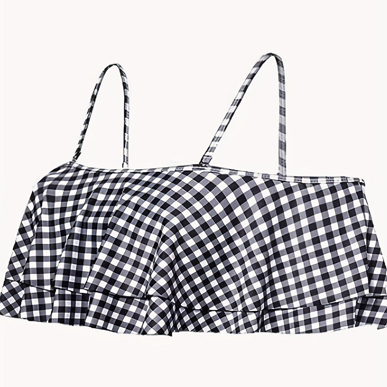 Plus Gingham Print Ruffle Trim Layered Cold Shoulder Bikini Top
