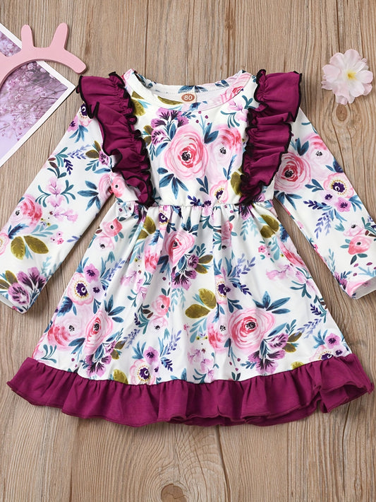 Baby Girls Princess Floral Ruffles Dress Long Sleeve Casual Kids Dress