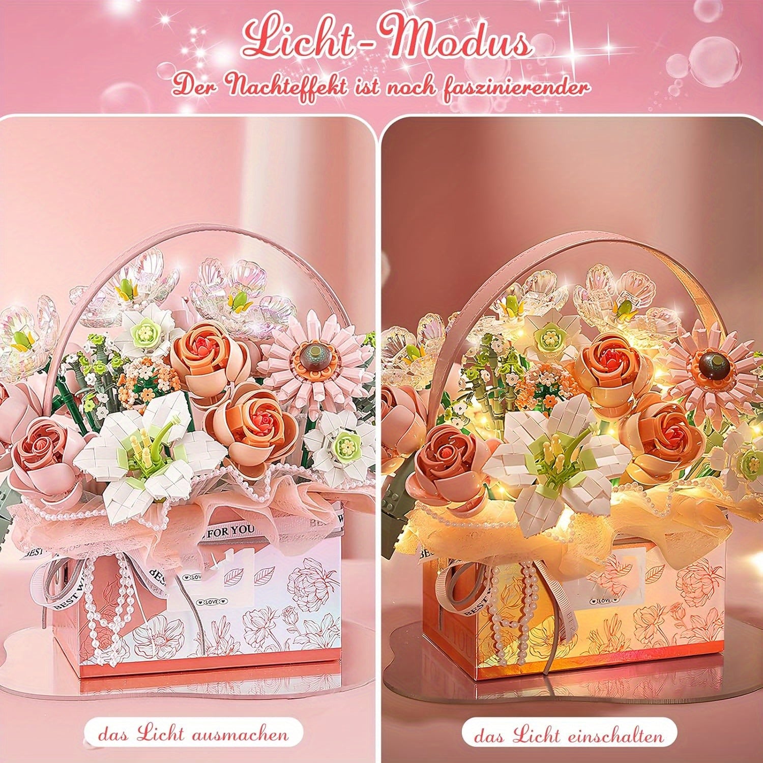 1212pcs Flower Bouquet Block Set with Light Strips DIY Decoration
