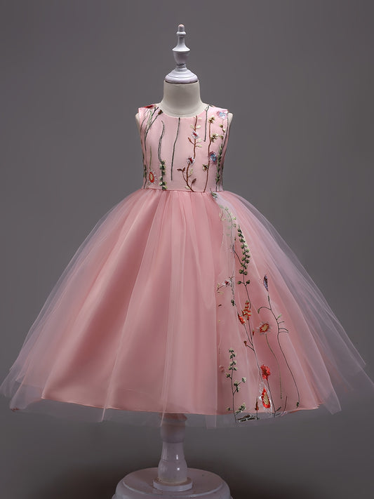 Girls Sleeveless Puffy Princess Dress Flowers Embroidery Tulle Tutu Dress
