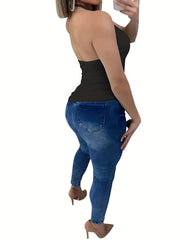 Solid Skinny V Neck Halter Top Casual Backless Halter Top