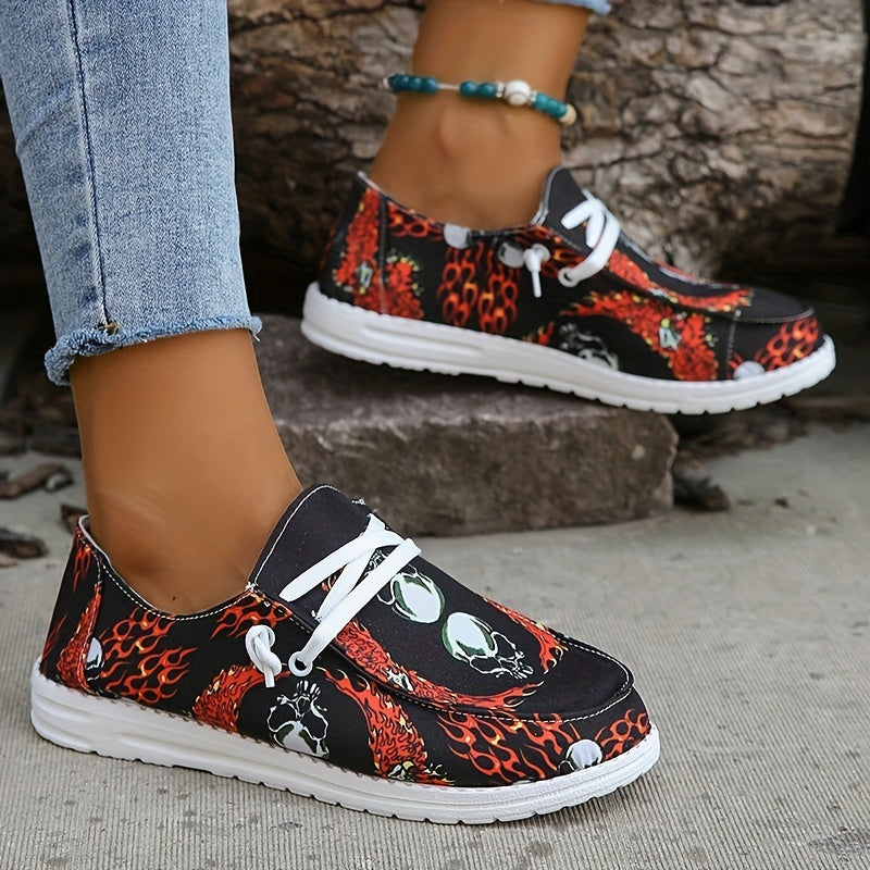 Women's Skull Pattern Canvas Shoes Lace Up Slip On Soft Sole Halloween Sneakers