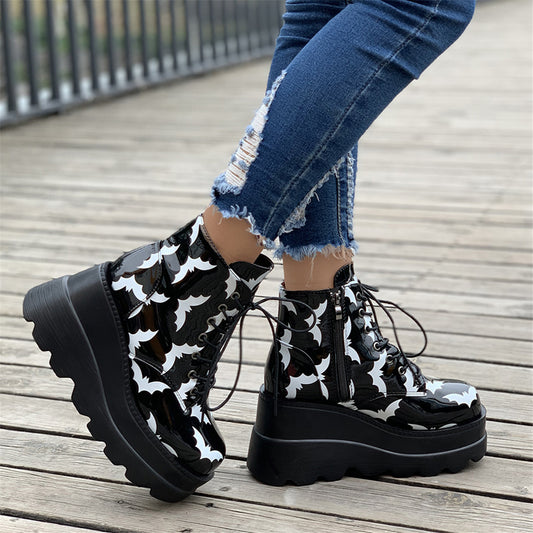 Women's Bat Pattern Platform Boots Punk Style Lace Up Ankle Boots