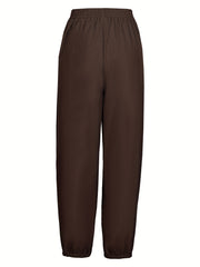  Solid Bow Knot Elastic Button Casual Pants