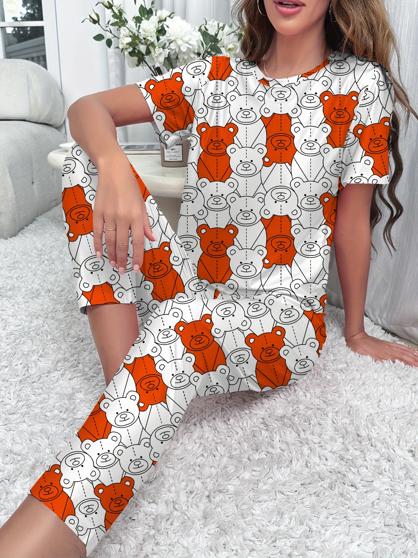 Bear Print Pajama Set Short Sleeve Crew Neck Top & Pants Women's Loungewear