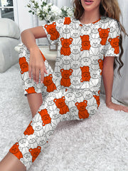 Bear Print Pajama Set Short Sleeve Crew Neck Top & Pants Women's Loungewear