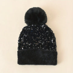 Sequins Pompom Decor Beanie Thick Warm Knit Hat Plush Coldproof Knit Beanie