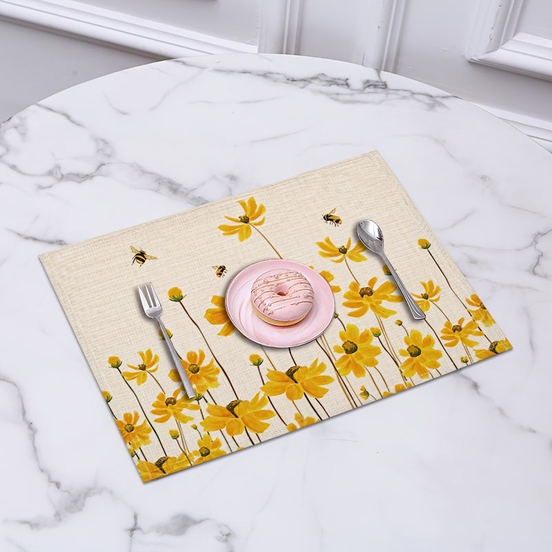 Yellow Flower Bee Placemat 16.53x12.5 Linen Scene Decor