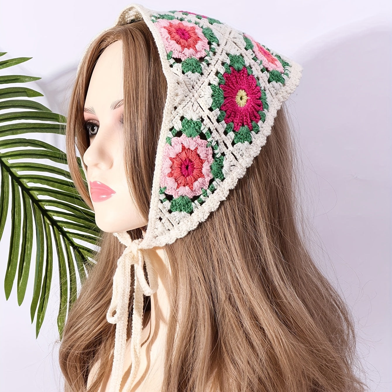 Women Floral Crochet Boho Kerchief Bandana Flower Hair Band