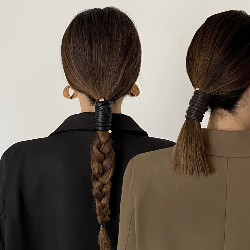 Long Leather Hair Elastics Ties Solid Stretchy Scrunchie Ponytail Holder