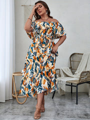 Tropical Print Off Shoulder Ruffle Maxi Dress