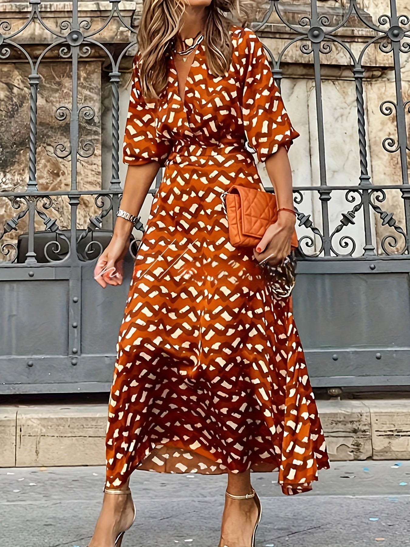  Casual Dress Women's Plus Allover Print Surplice Neck Dress
