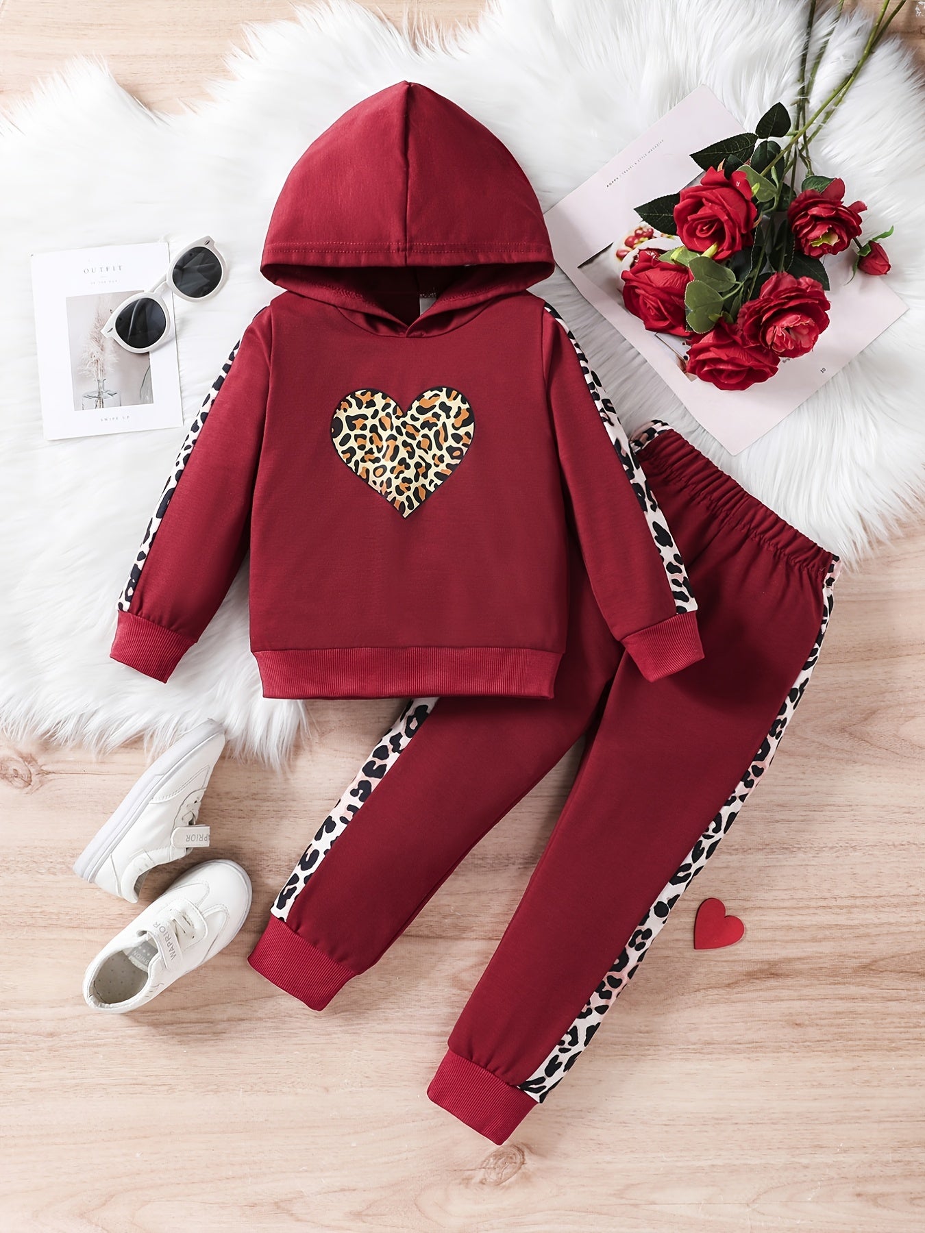 2pcs Girls Leopard print Hoodie And Pants Set