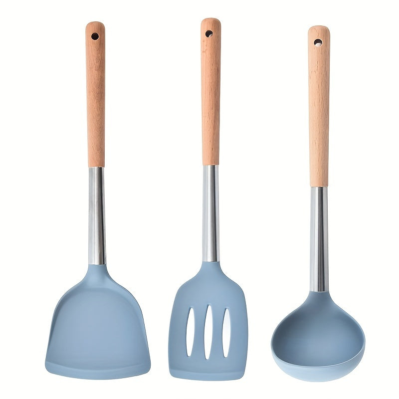3pcs Silicone Kitchen Utensils Set Wooden Handle Heat Resistant Cooking Utensils