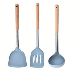 3pcs Silicone Kitchen Utensils Set Wooden Handle Heat Resistant Cooking Utensils