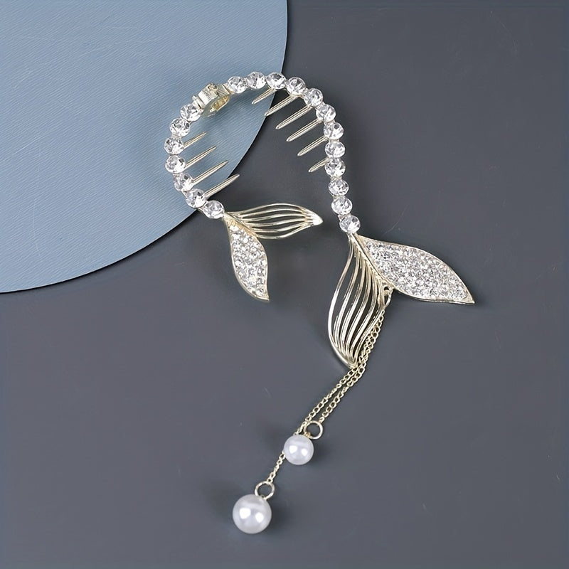 Rhinestone Faux Pearl Banana Clip Hair Accessory with Tassel