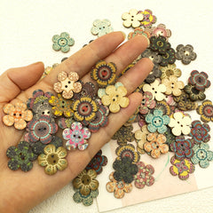 50pcs Retro Painted Flower 2 Holes Wooden Buttons DIY Sewing Decor