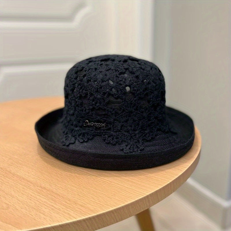 Flower Hollow Knitted Sun Hat Bucket Hat Foldable Cloche Hats for Women Summer