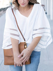  Bell Sleeve Mesh V Neck Tee