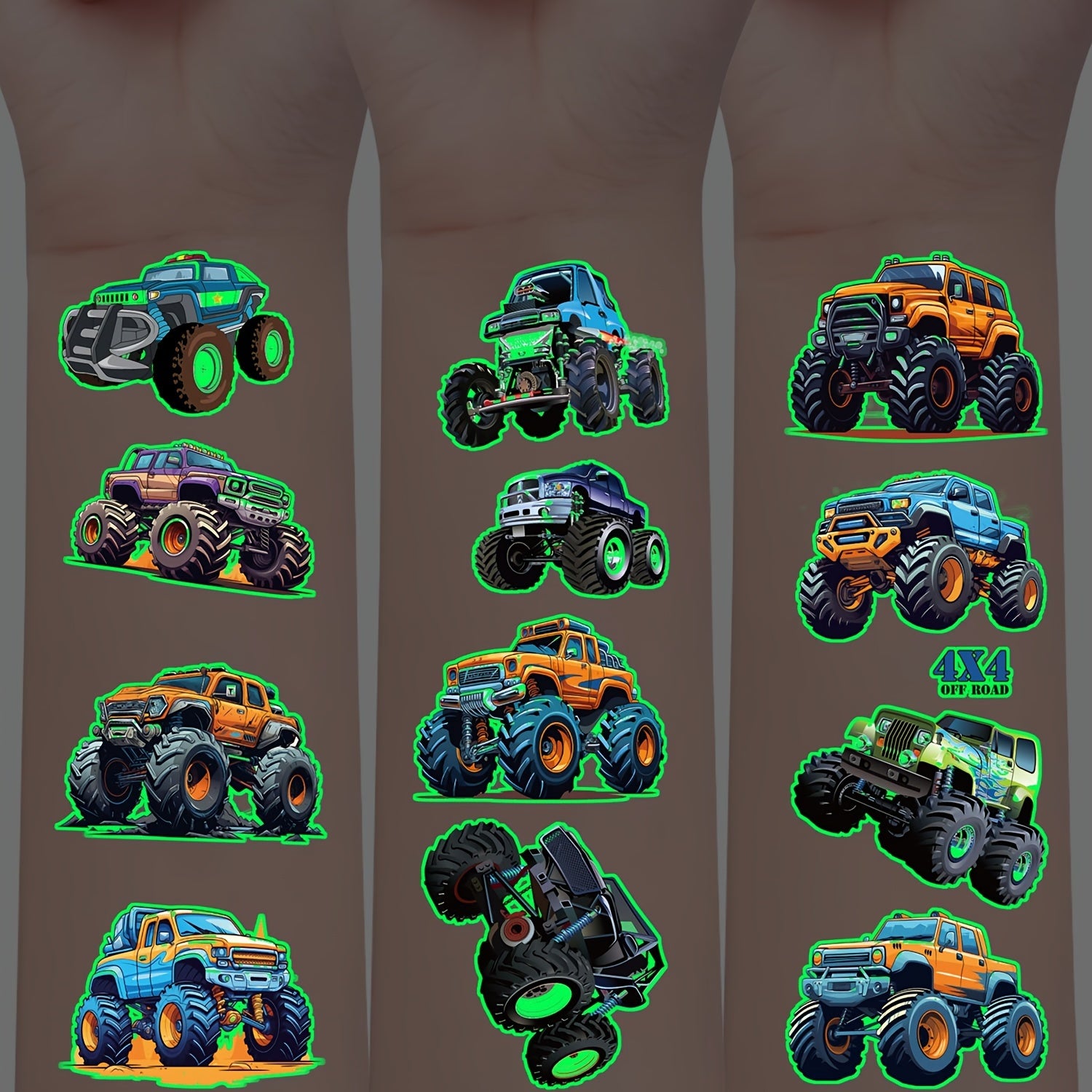 10 Pack Glow in the Dark Monster Truck Temporary Tattoos