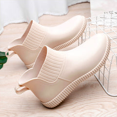 Women's Non slip Solid Flat Rain Boots Waterproof Slip On Rubber Shoes