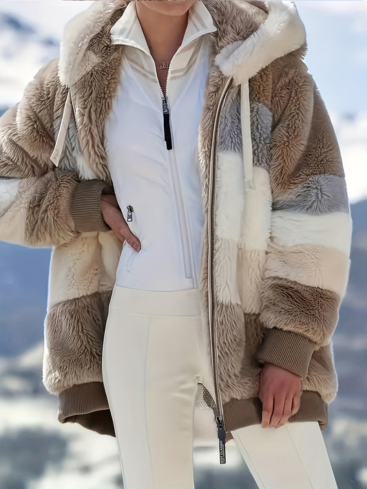 Faux Fur Hooded Drawstring Jacket for Fall & Winter