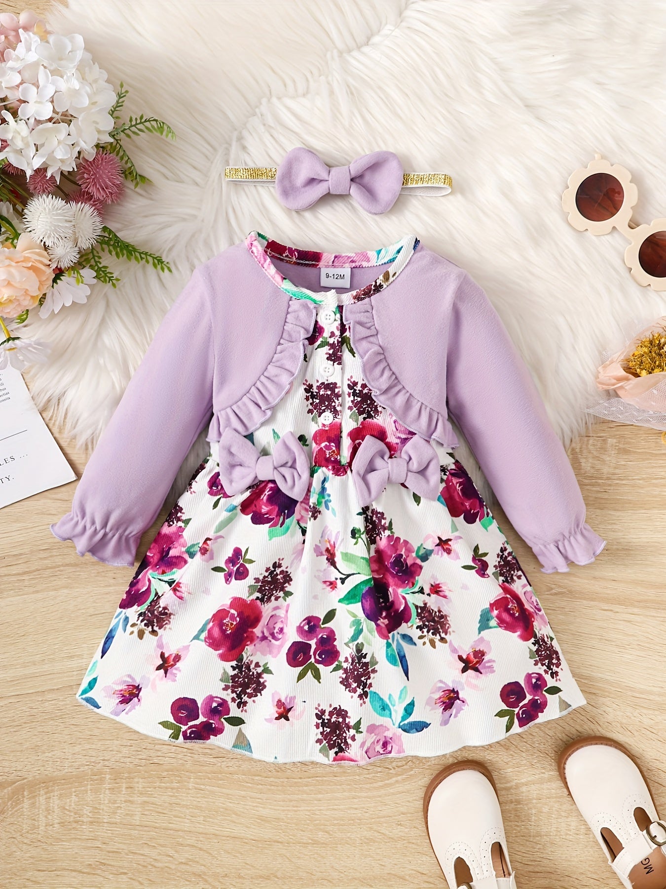 Girls Corduroy Floral Bow Dress Baby Clothes