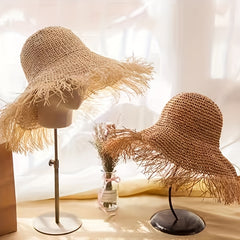 Vintage Raw Brim Sun Hat Solid Crochet Tassel Straw Hat Boho Outdoor Sun Shade
