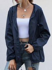 Casual Hooded Jacket Drawstring Solid Long Sleeve