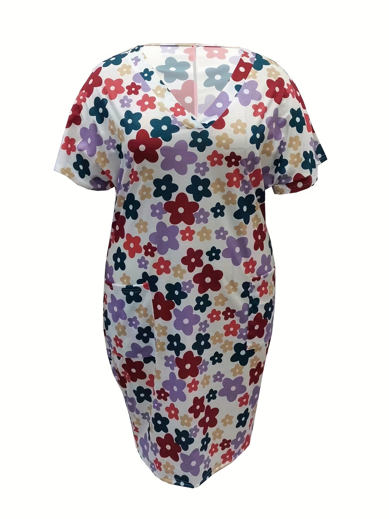  Floral Print V Neck Dress with Pockets