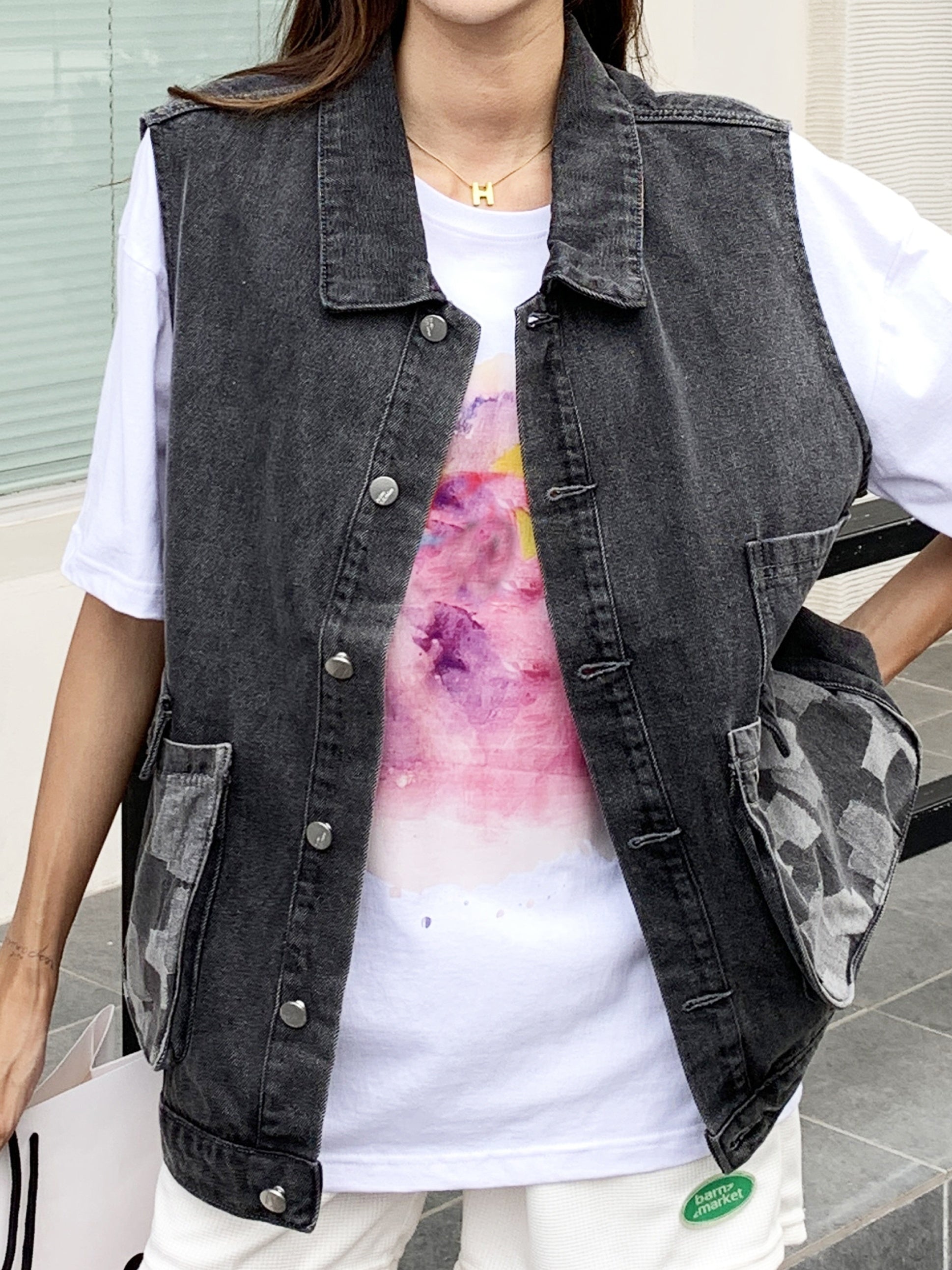  Colorblock Button-Up Denim Jacket