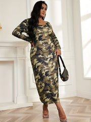  Sexy Camo Print Long Sleeve Maxi Dress