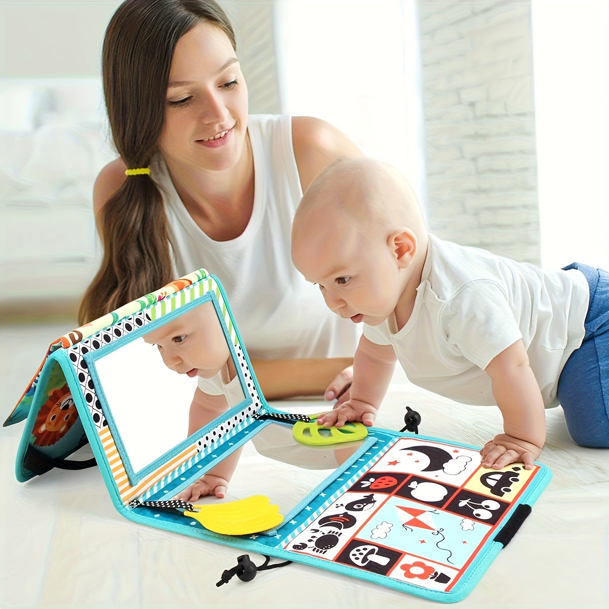 Green Double Sided Mirror Cloth Book 3 in 1 Prone Toy